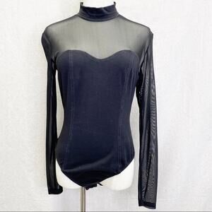 Vintage 90's Spiegel Black mesh &‎ solid long sleeve mock neck bodysuit Medium